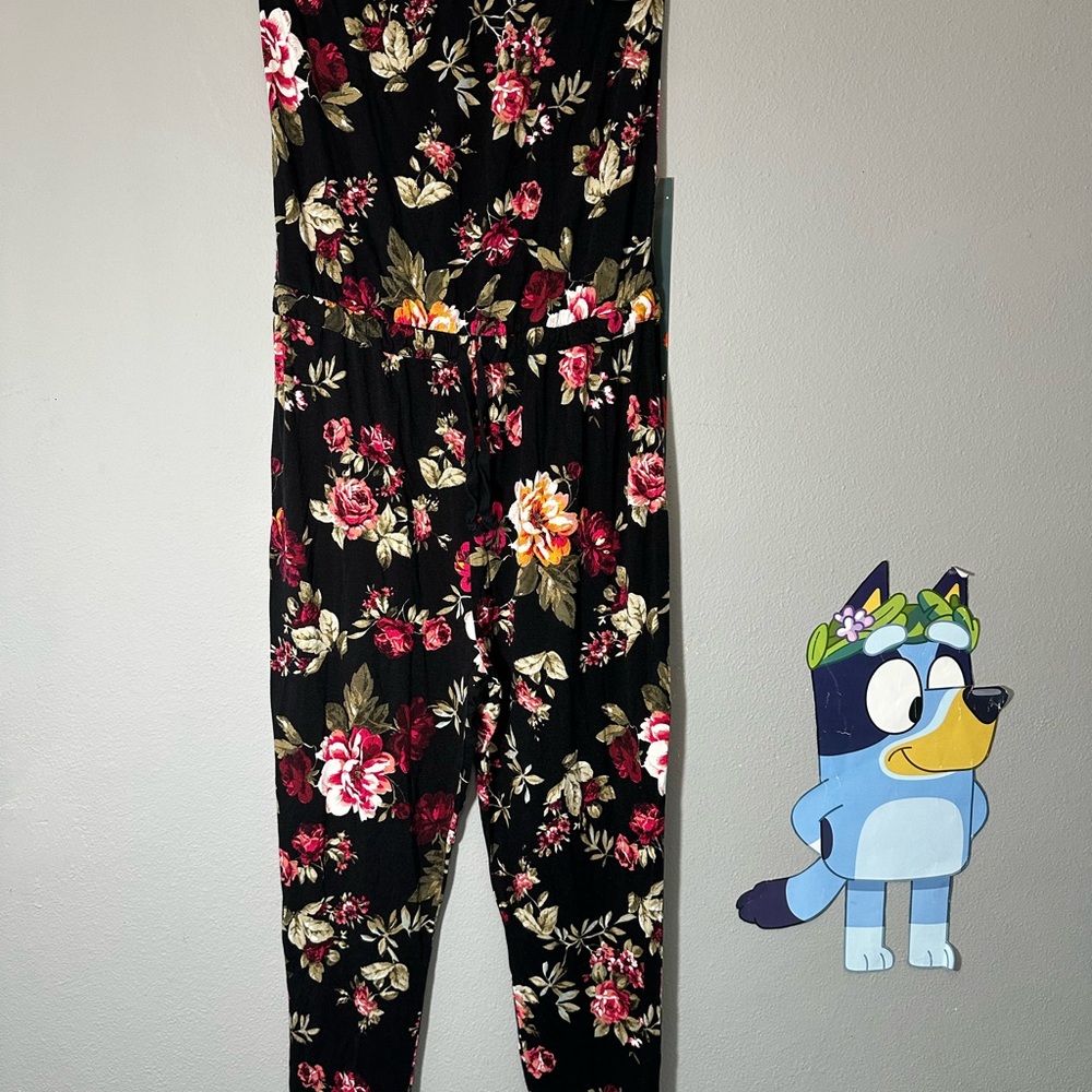 Ambiance Women’s Black Floral Jumpsuit (S) Strapless Elastic Waist. - Picture 2 of 12